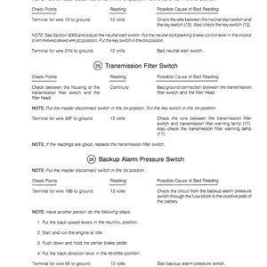 May include: A printed page with technical diagrams and instructions for automotive electrical systems. The document includes sections on neutral start switch, transmission filter switch, and backup alarm pressure switch, with voltage readings and troubleshooting tips.