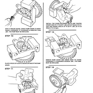 May include: Diagram of a pump assembly with step-by-step instructions. Includes text about checking gear clearance with a feeler gauge and replacing parts if needed. Also shows how to install and tighten bolts.