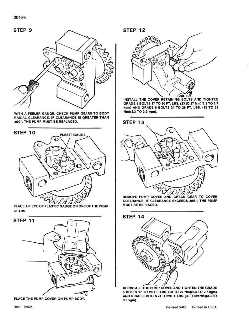 May include: Diagram of a pump assembly with step-by-step instructions. Includes text about checking gear clearance with a feeler gauge and replacing parts if needed. Also shows how to install and tighten bolts.
