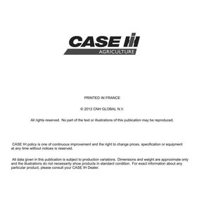 May include: A white document with the "CASE IH AGRICULTURE" logo in black and red. The document includes text about technical publications and tools, copyright information, and a disclaimer about product variations.