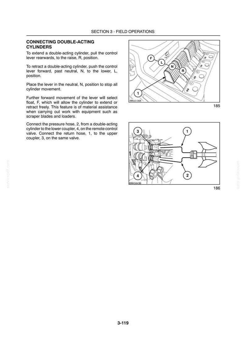 May include: A technical manual page titled SECTION 3 - FIELD OPERATIONS, featuring diagrams of control levers labelled F, L, N, R and hydraulic hose connections labelled 1, 2, 3, 4. The text provides instructions for connecting double-acting cylinders.