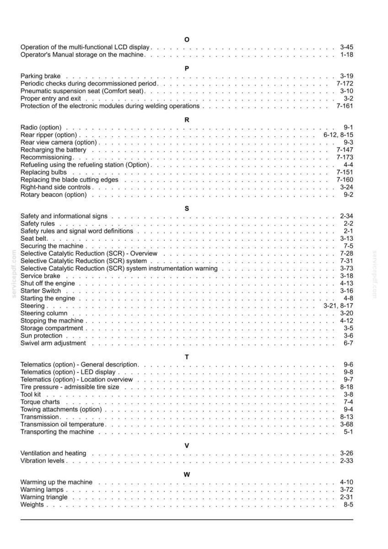 May include: A page from an operator's manual, featuring a table of contents with various vehicle system topics. The text is black on a white background, with section titles and page numbers.