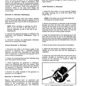 May include: Page from a Detroit Diesel 71 vehicle maintenance manual. It details procedures for battery-charging generator or alternator maintenance, removal, and installation. Includes diagrams and instructions for tightening the pulley retaining nut.