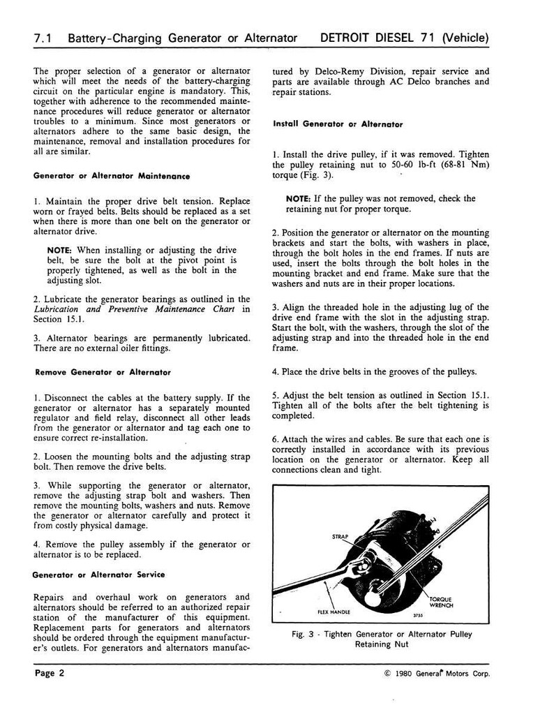 May include: Page from a Detroit Diesel 71 vehicle maintenance manual. It details procedures for battery-charging generator or alternator maintenance, removal, and installation. Includes diagrams and instructions for tightening the pulley retaining nut.