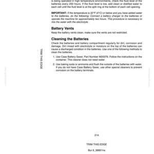 May include: A white page with text detailing battery maintenance procedures. The text includes instructions for checking fluid levels, cleaning batteries, and maintaining battery vents. The page also includes the text "TRIM THIS EDGE".