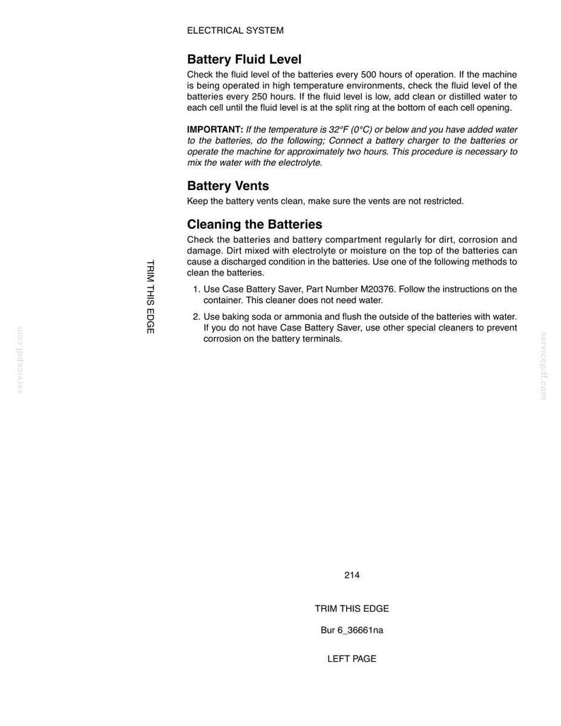 May include: A white page with text detailing battery maintenance procedures. The text includes instructions for checking fluid levels, cleaning batteries, and maintaining battery vents. The page also includes the text "TRIM THIS EDGE".