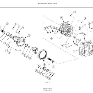 Op de afbeelding: Een technische explosietekening van een aangedreven achteras-systeem, voorzien van talrijke genummerde mechanische onderdelen. De zwart-wit lijntekening toont tandwielen, assen, lagers en behuizingsonderdelen in een montagevolgorde.