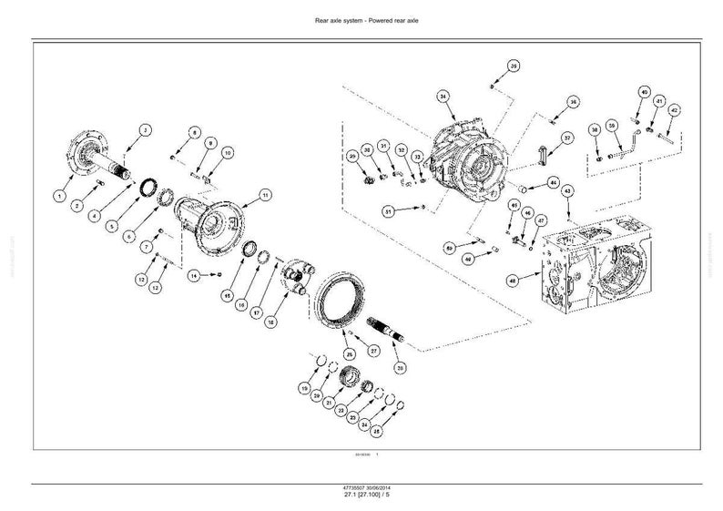 Op de afbeelding: Een technische explosietekening van een aangedreven achteras-systeem, voorzien van talrijke genummerde mechanische onderdelen. De zwart-wit lijntekening toont tandwielen, assen, lagers en behuizingsonderdelen in een montagevolgorde.