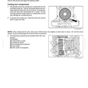 May include: Diagram of cooling box components, including radiator, transmission cooler, and air-conditioning condenser. Text reads "Cooling box components - Check and clean". Includes a diagram of the cooling box with numbered components.