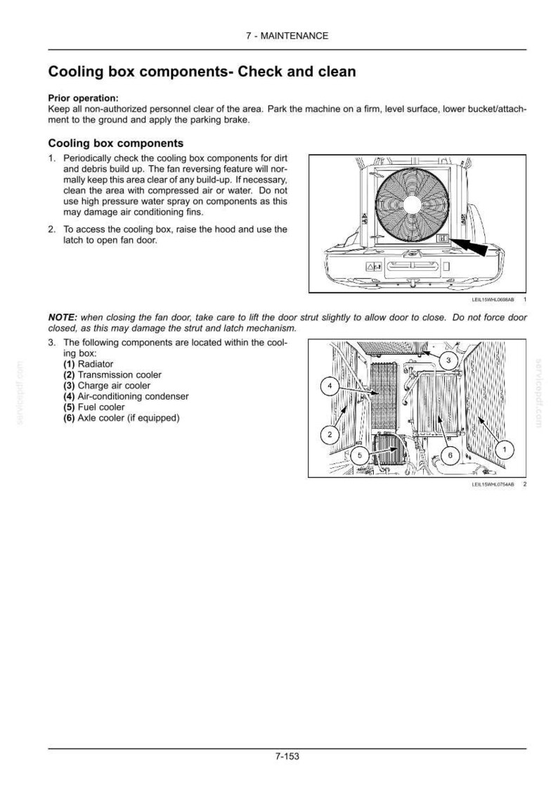 May include: Diagram of cooling box components, including radiator, transmission cooler, and air-conditioning condenser. Text reads "Cooling box components - Check and clean". Includes a diagram of the cooling box with numbered components.