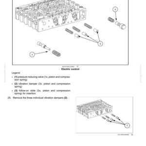 May include: Diagram of a powershift transmission external control system. The image shows an exploded view of the components, including a pressure reducing valve, vibration dampers, and follow-on slides. The text labels the parts.