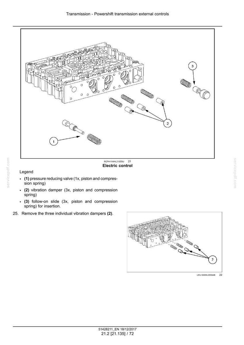 May include: Diagram of a powershift transmission external control system. The image shows an exploded view of the components, including a pressure reducing valve, vibration dampers, and follow-on slides. The text labels the parts.