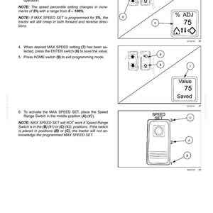 May include: A technical manual page titled 3-CONTROLS AND INSTRUMENTS, featuring diagrams of switches labeled 4, 5, 6, 7, 8, 9, A, B, and C. The text provides instructions for setting the MAX SPEED, including steps to press ENTER, use UP/DOWN switches, and save values.