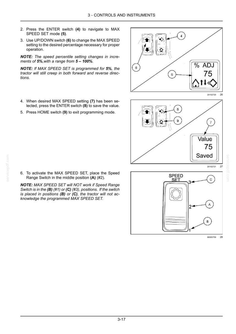 May include: A technical manual page titled 3-CONTROLS AND INSTRUMENTS, featuring diagrams of switches labeled 4, 5, 6, 7, 8, 9, A, B, and C. The text provides instructions for setting the MAX SPEED, including steps to press ENTER, use UP/DOWN switches, and save values.