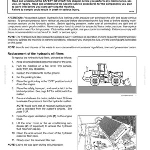 May include: A page from a maintenance manual detailing the replacement of a hydraulic fluid filter. The text includes safety warnings and step-by-step instructions, accompanied by diagrams of a construction vehicle.