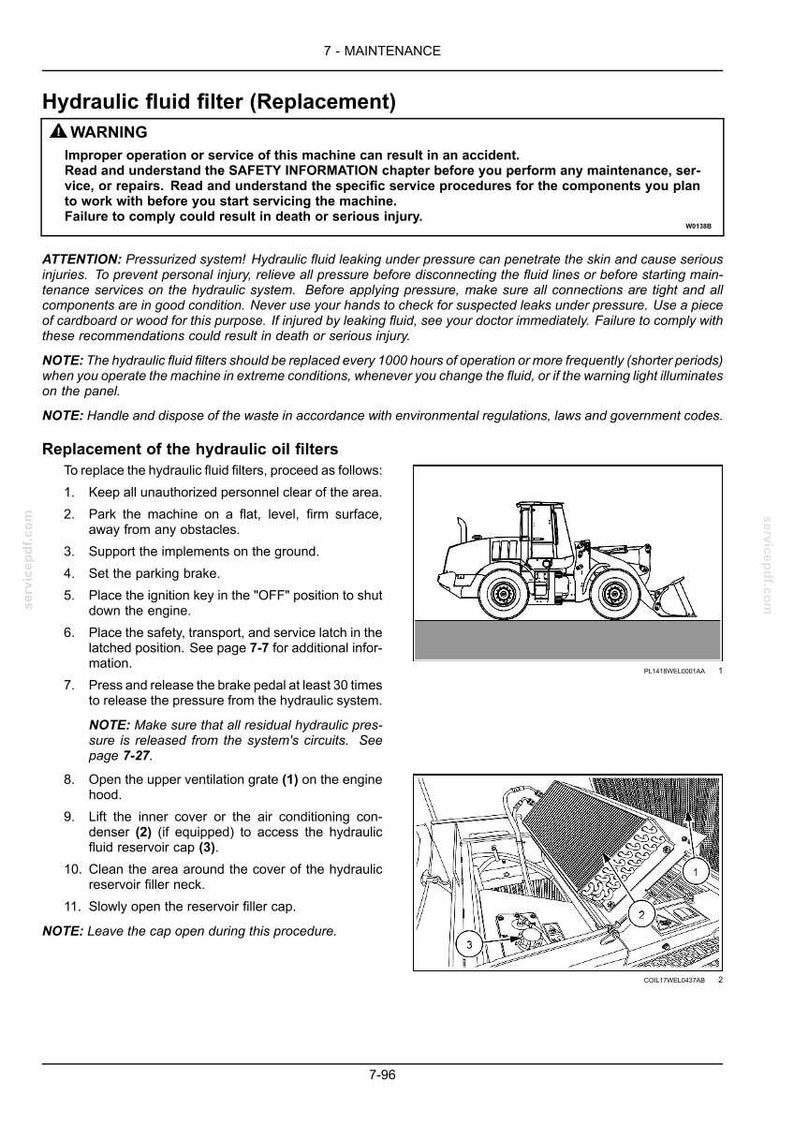 May include: A page from a maintenance manual detailing the replacement of a hydraulic fluid filter. The text includes safety warnings and step-by-step instructions, accompanied by diagrams of a construction vehicle.