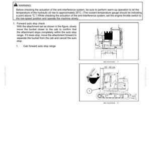 May include: Diagram of an anti-interference system start-up inspection for an offset boom type machine. The image includes illustrations of the machine and instructions for checking the auto stop function. Measurements are provided in centimeters.