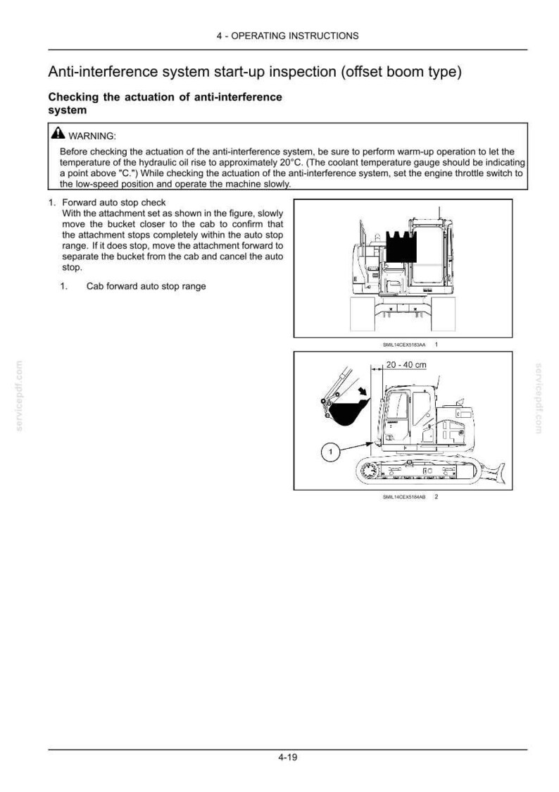 May include: Diagram of an anti-interference system start-up inspection for an offset boom type machine. The image includes illustrations of the machine and instructions for checking the auto stop function. Measurements are provided in centimeters.