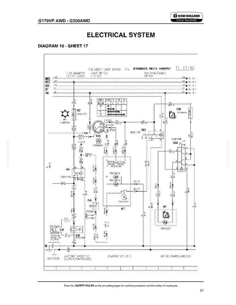 K&ouml;nnte beinhalten: Elektrischer Schaltplan, Diagramm 16, Blatt 17, f&uuml;r einen G170VP AWD - G200AWD. Das Schema enth&auml;lt Beschriftungen f&uuml;r Komponenten wie die Klimaanlage und den Motord&auml;mpferschalter. Das New Holland Construction-Logo ist sichtbar.