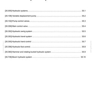 May include: A white page with the title "Contents" and the heading "Hydraulic systems - 35." The page lists various hydraulic system components, including pump control valves and travel systems, with corresponding page numbers.