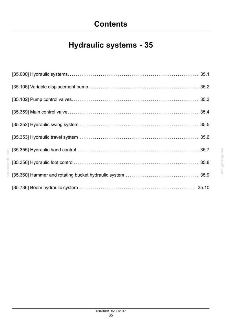 May include: A white page with the title "Contents" and the heading "Hydraulic systems - 35." The page lists various hydraulic system components, including pump control valves and travel systems, with corresponding page numbers.