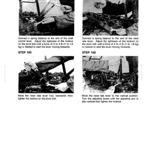 May include: A black and white technical manual page with four instructional steps. Each step includes a diagram and instructions for mechanical adjustments, including tightening locknuts and adjusting levers. The text includes measurements in pounds and kilograms.