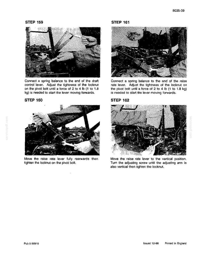 May include: A black and white technical manual page with four instructional steps. Each step includes a diagram and instructions for mechanical adjustments, including tightening locknuts and adjusting levers. The text includes measurements in pounds and kilograms.