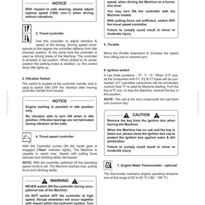 May include: A detailed diagram from a manual, titled "SECTION 2 - CONTROLS/INSTRUMENTS." It includes sections on the steering wheel, travel controller, vibration switch, travel speed controller, throttle, ignition switch, and engine water thermometer. Warnings and notices are also present.