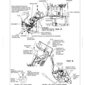 May include: A technical diagram titled Section 2 - Hydraulic, Electrical, and Component Systems, Chapter 23 - Electrical System, Figure 23-5 Upper Frame Portion. It displays wiring harness routing, clips, grommets, and switch details with labels.