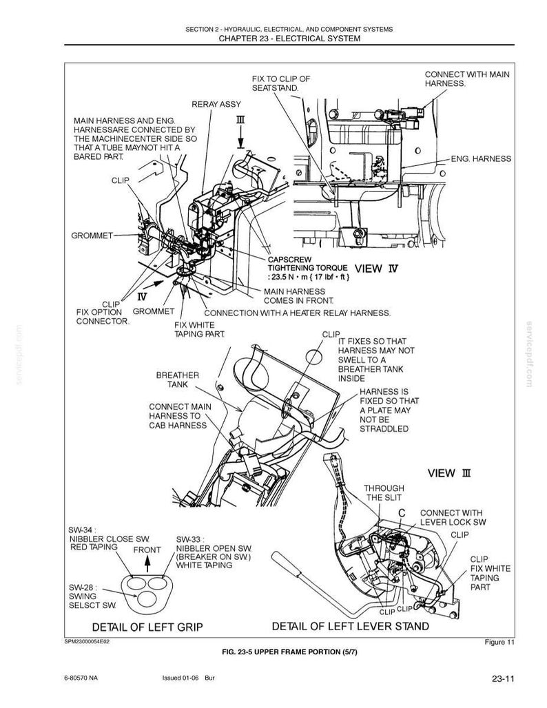 May include: A technical diagram titled Section 2 - Hydraulic, Electrical, and Component Systems, Chapter 23 - Electrical System, Figure 23-5 Upper Frame Portion. It displays wiring harness routing, clips, grommets, and switch details with labels.