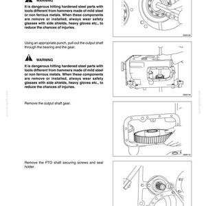Puede incluir: Diagrama de un manual que muestra los componentes de la transmisi&oacute;n. El texto incluye advertencias sobre gafas de seguridad y guantes. Las ilustraciones muestran la extracci&oacute;n de piezas con un punz&oacute;n y la extracci&oacute;n del engranaje del eje de salida.