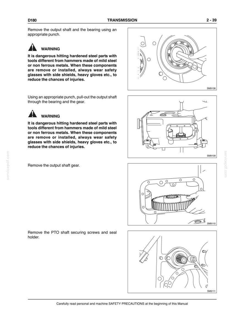 Puede incluir: Diagrama de un manual que muestra los componentes de la transmisi&oacute;n. El texto incluye advertencias sobre gafas de seguridad y guantes. Las ilustraciones muestran la extracci&oacute;n de piezas con un punz&oacute;n y la extracci&oacute;n del engranaje del eje de salida.