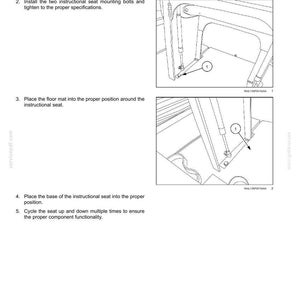 May include: Diagram of an instructional seat installation process. The image shows detailed steps with illustrations, including installing the seat, mounting bolts, and floor mat. Text instructions accompany the diagrams.