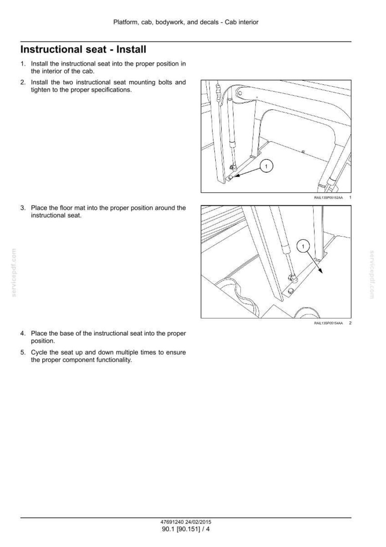 May include: Diagram of an instructional seat installation process. The image shows detailed steps with illustrations, including installing the seat, mounting bolts, and floor mat. Text instructions accompany the diagrams.