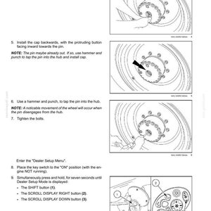 May include: Diagrams illustrating steps for wheel hub maintenance. Instructions include removing bolts, installing caps, and using a hammer and punch. The text also describes entering the "Dealer Setup Menu" and using buttons.