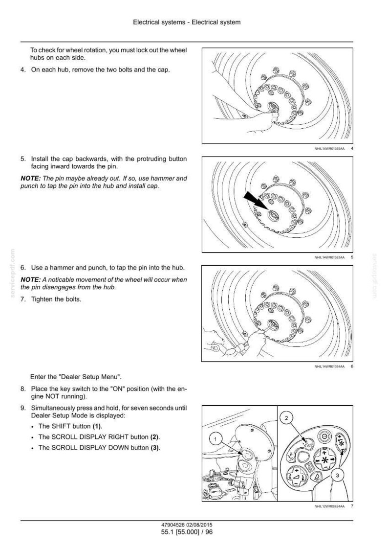 May include: Diagrams illustrating steps for wheel hub maintenance. Instructions include removing bolts, installing caps, and using a hammer and punch. The text also describes entering the "Dealer Setup Menu" and using buttons.