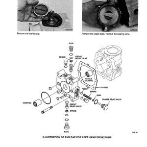 May include: An exploded diagram of an end cap for a left-hand drive pump, with labels for various components like plugs, springs, and valves. The image includes step-by-step instructions with hands manipulating parts.