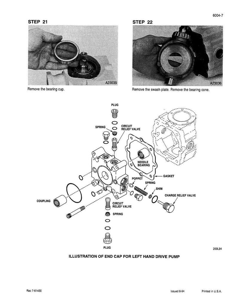 May include: An exploded diagram of an end cap for a left-hand drive pump, with labels for various components like plugs, springs, and valves. The image includes step-by-step instructions with hands manipulating parts.