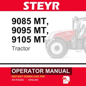 May include: An operator manual for Steyr 9085 MT, 9095 MT, and 9105 MT tractors. The document cover features the brand name STEYR in white text on a red background, a partial image of a red tractor, and the text 276 PAGES and ENGLISH.
