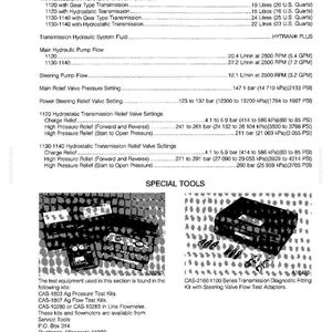 May include: A technical document with specifications for transmission hydraulic systems. It includes capacity, fluid details, pump flow, and relief valve settings. Special tools are also listed, along with their part numbers and descriptions.