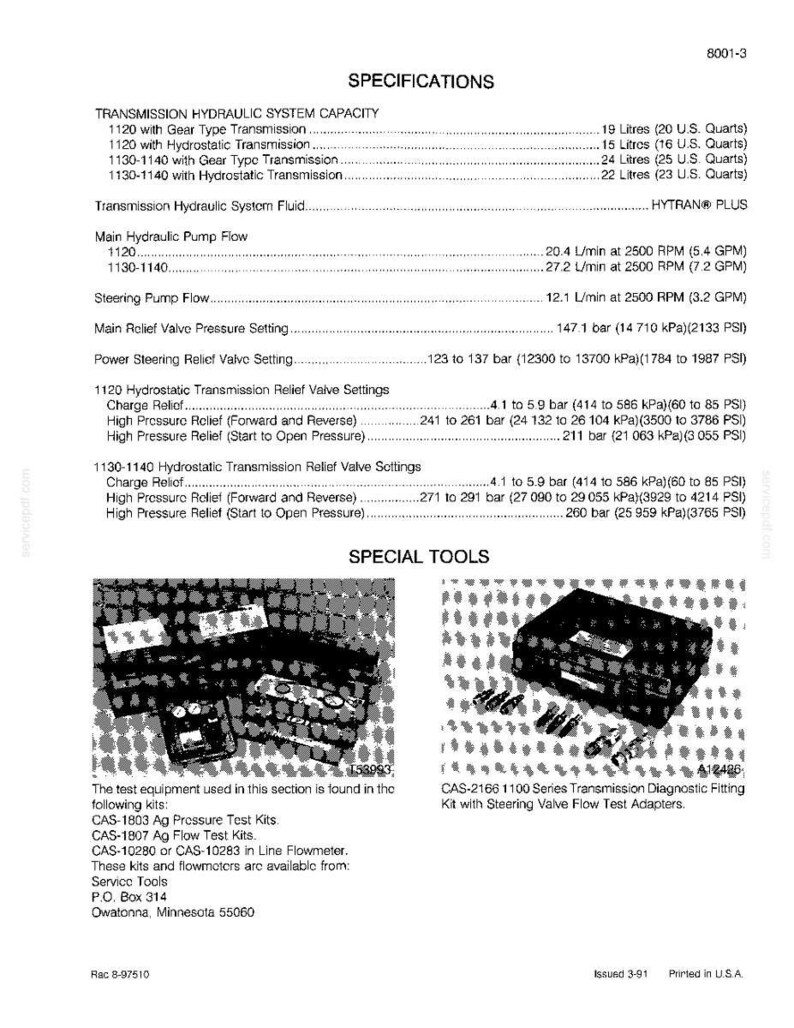 May include: A technical document with specifications for transmission hydraulic systems. It includes capacity, fluid details, pump flow, and relief valve settings. Special tools are also listed, along with their part numbers and descriptions.