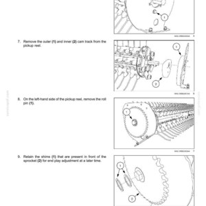 May include: Diagram of a wide pickup with rotor cutter or feeder, showing the removal of bolts, cam tracks, roll pins, and shims. The image includes numbered components for reference, with text instructions.