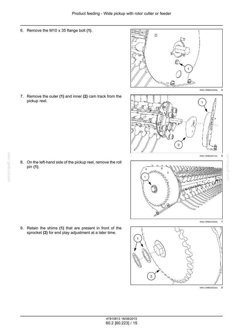 May include: Diagram of a wide pickup with rotor cutter or feeder, showing the removal of bolts, cam tracks, roll pins, and shims. The image includes numbered components for reference, with text instructions.