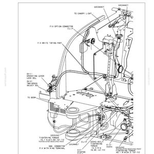 May include: A technical line drawing titled 23.2.3 Arrangement Drawing for Components and Harness, 23.2.3.1 Upper Frame Portion. It illustrates electrical wiring, grommets, connectors, and components like a horn, with torque specifications in N-m and lbf-ft.