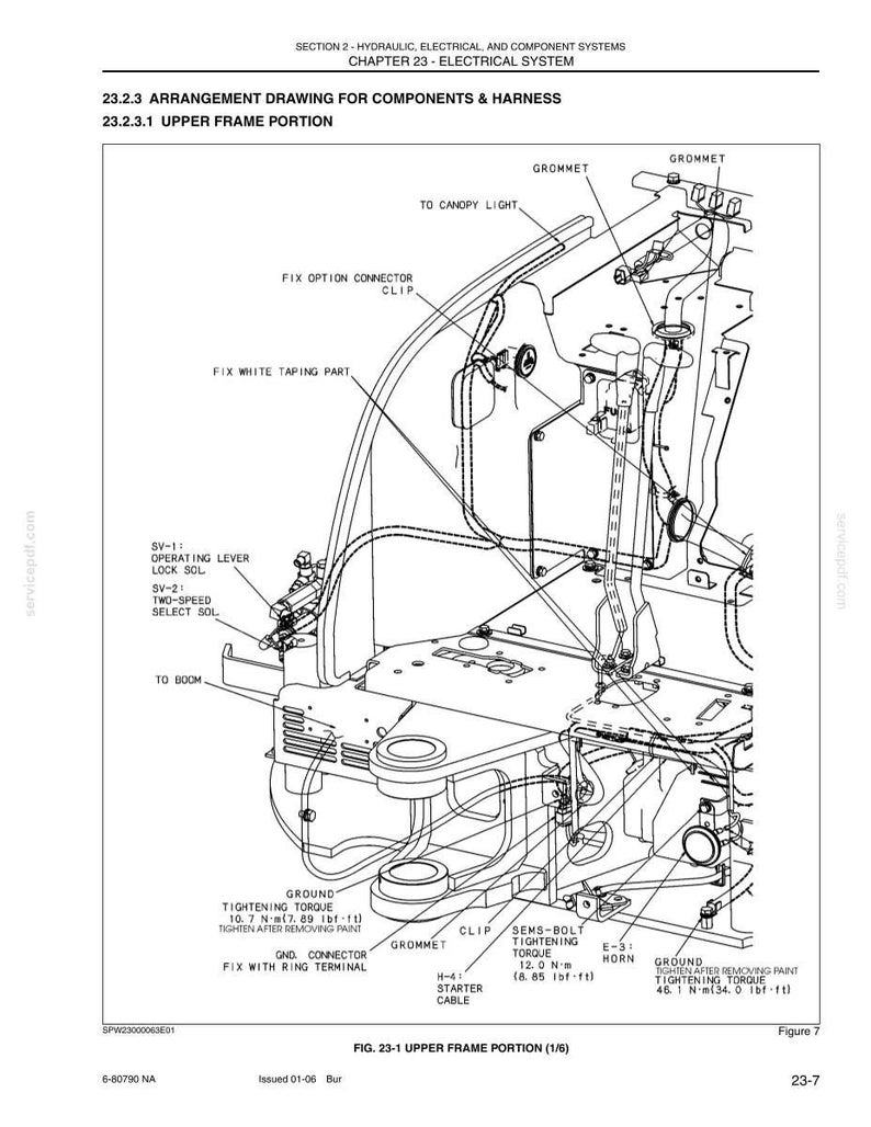 May include: A technical line drawing titled 23.2.3 Arrangement Drawing for Components and Harness, 23.2.3.1 Upper Frame Portion. It illustrates electrical wiring, grommets, connectors, and components like a horn, with torque specifications in N-m and lbf-ft.
