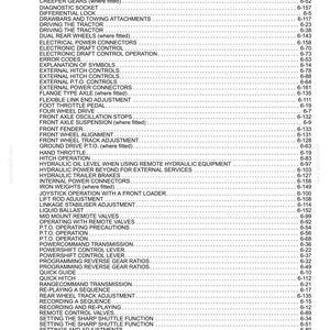 May include: A black and white technical document page featuring a detailed index of tractor operations and maintenance topics, including axle types, gear shift thresholds, hydraulic controls, and transmission settings, with corresponding page numbers.
