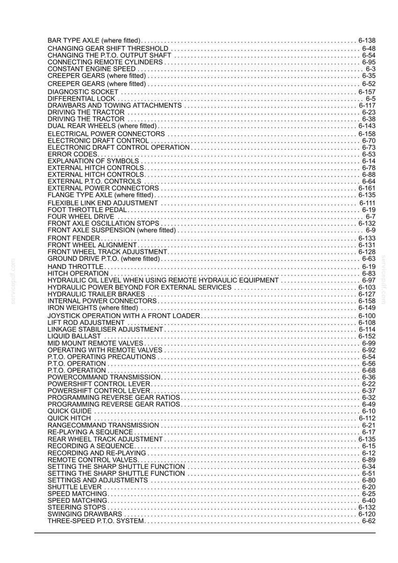 May include: A black and white technical document page featuring a detailed index of tractor operations and maintenance topics, including axle types, gear shift thresholds, hydraulic controls, and transmission settings, with corresponding page numbers.