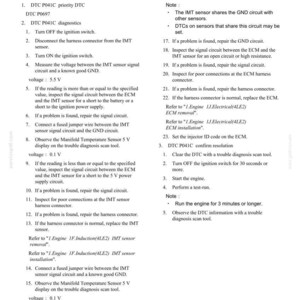 May include: A diagnostic troubleshooting guide for the DTC P041C (Flash Code 52) Intake Manifold Temperature Sensor Circuit High. The document includes numbered steps, voltage readings, and notes for automotive repair. The text is in black on a white background.
