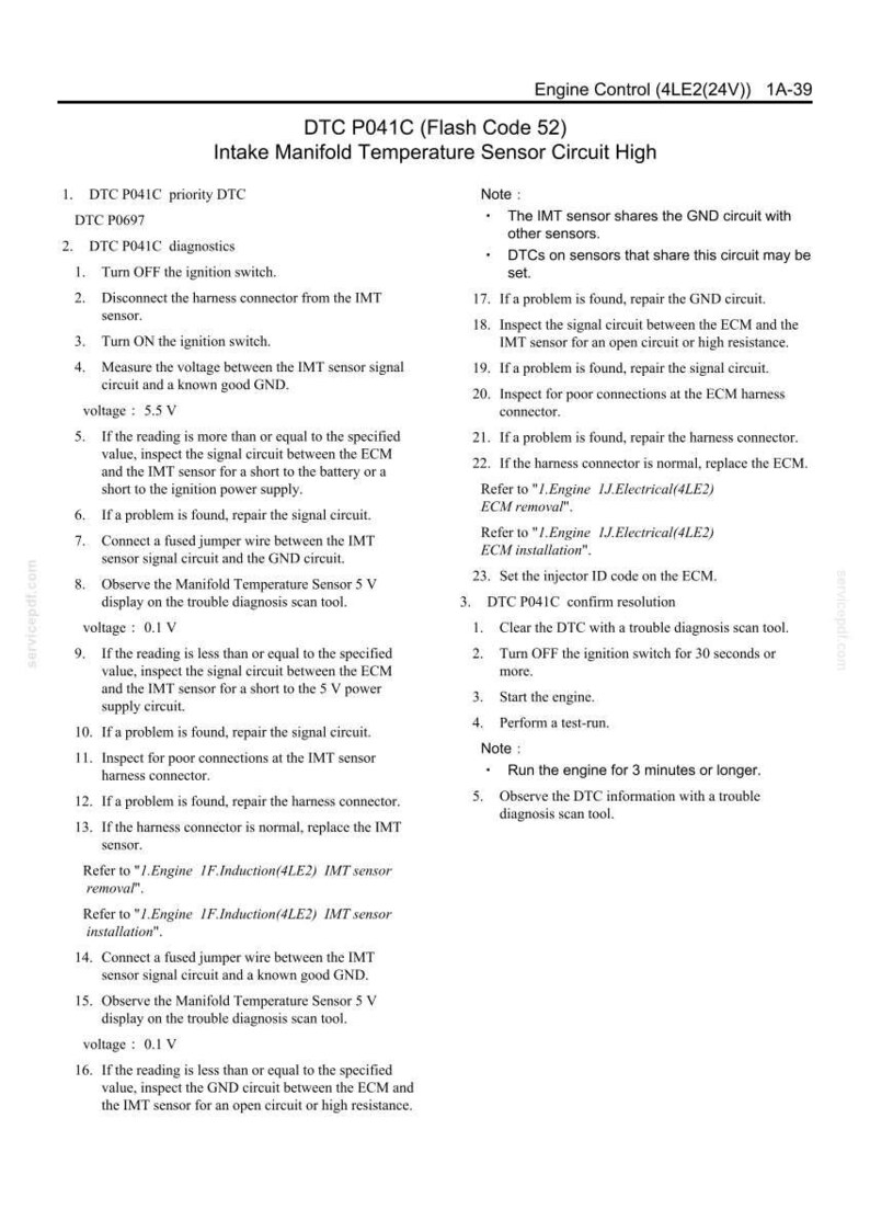 May include: A diagnostic troubleshooting guide for the DTC P041C (Flash Code 52) Intake Manifold Temperature Sensor Circuit High. The document includes numbered steps, voltage readings, and notes for automotive repair. The text is in black on a white background.
