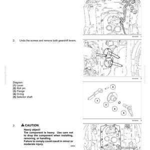 May include: Diagram illustrating the disassembly of a four-speed rear Power Take-Off (PTO). It shows exploded views of components including levers, roll pins, flanges, O-rings, and selector shafts, with a warning about heavy parts.